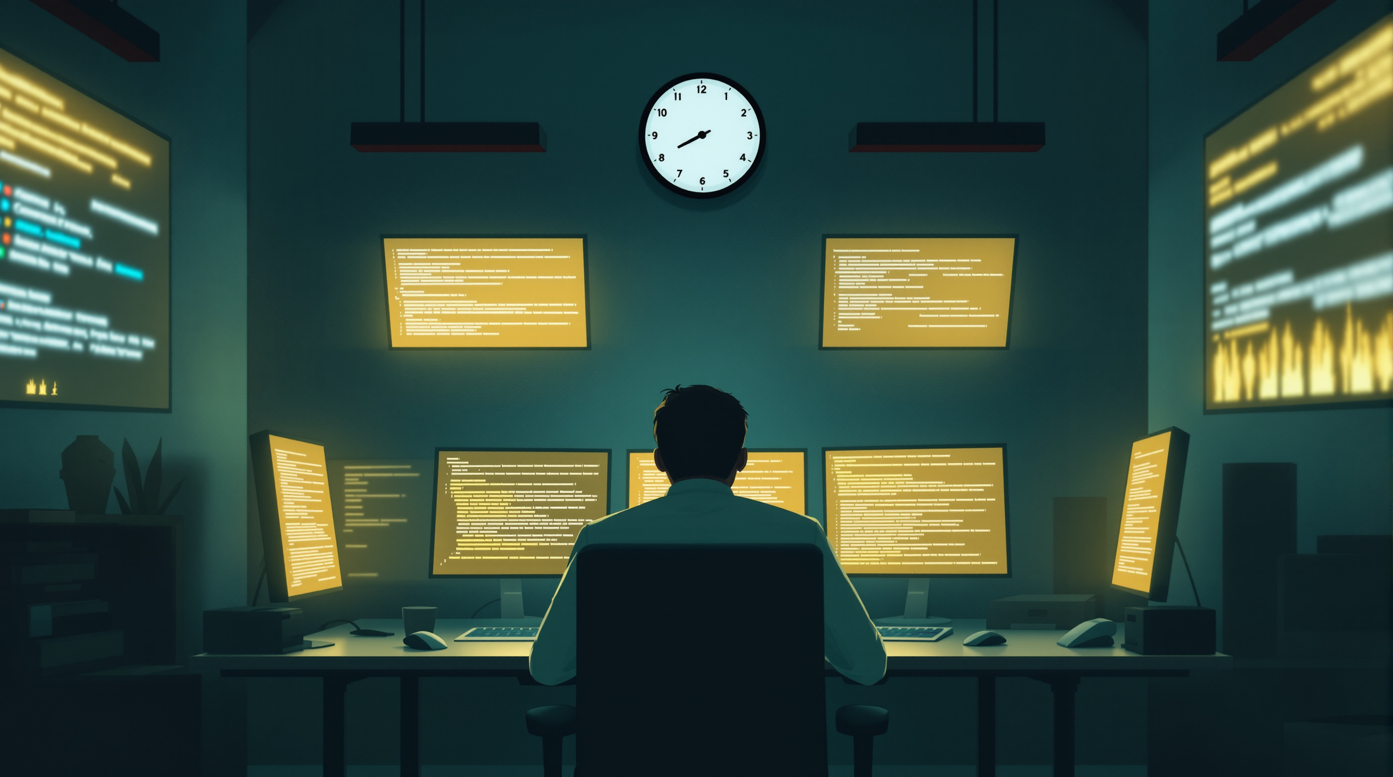 Personne entourée d'écrans la nuit, perte de la notion du temps