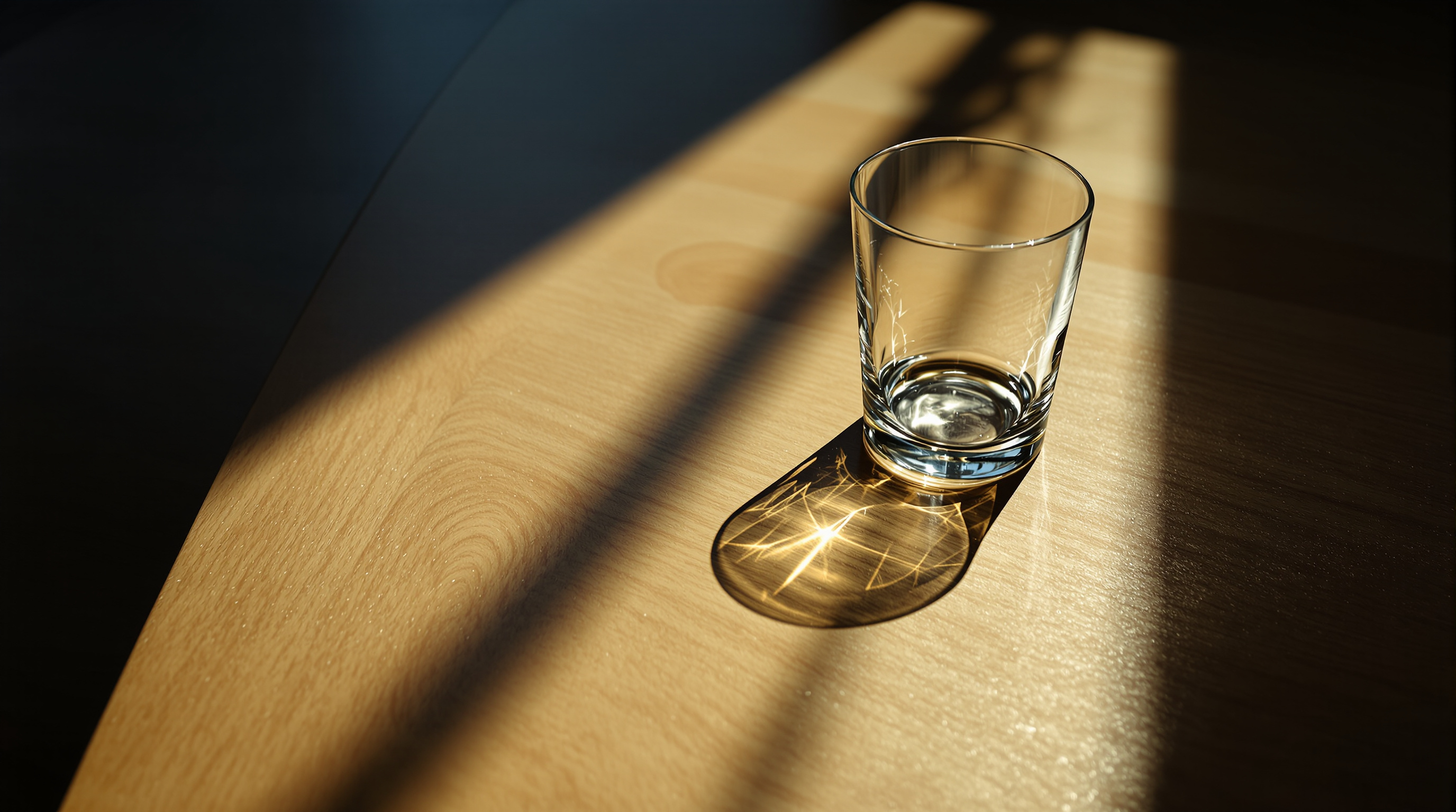 Verre vide sur une table dans une lumière douce, évoquant la dépendance et le rétablissement