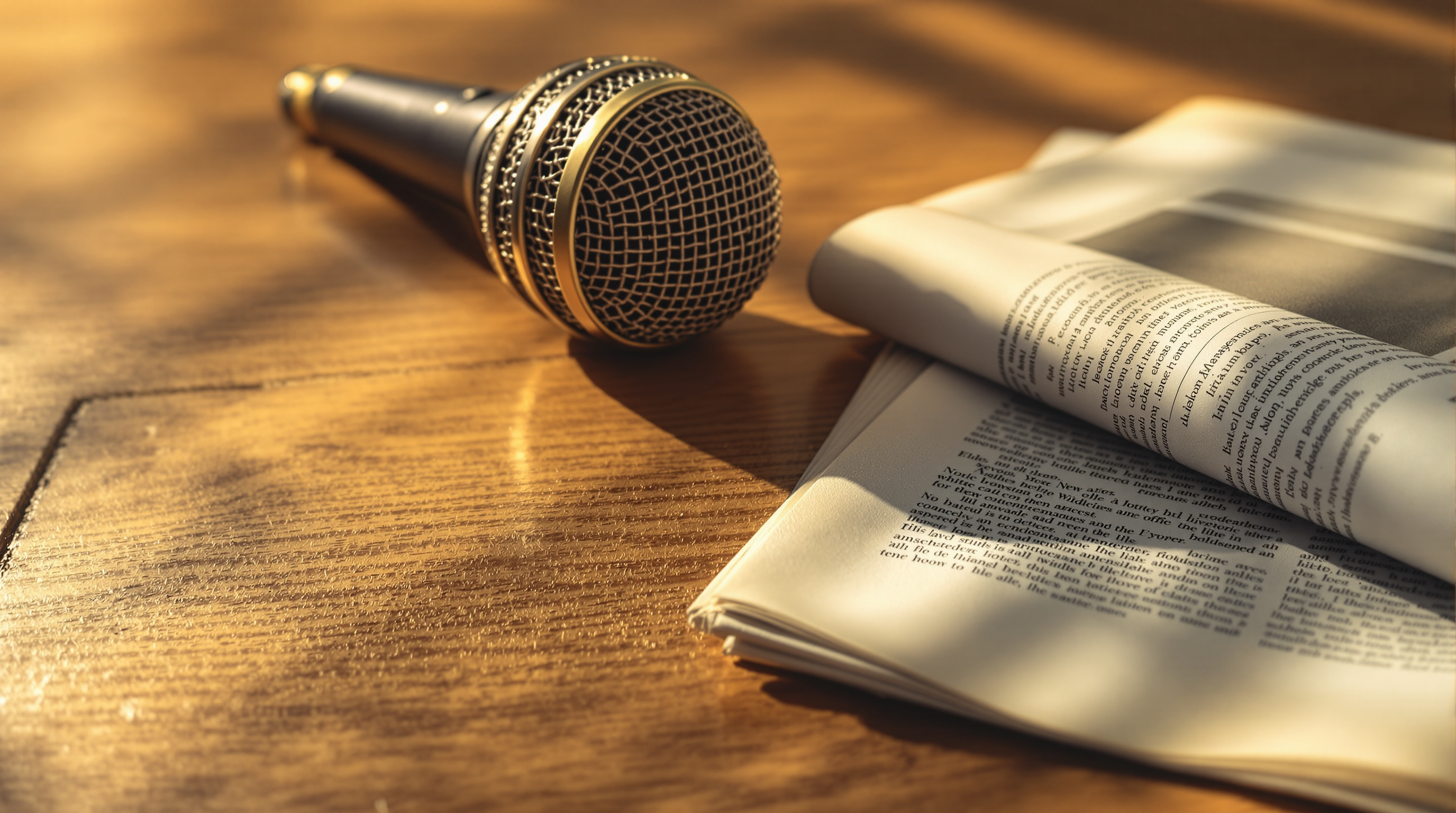 Microphone et journal sur un bureau, évoquant les entrevues médiatiques