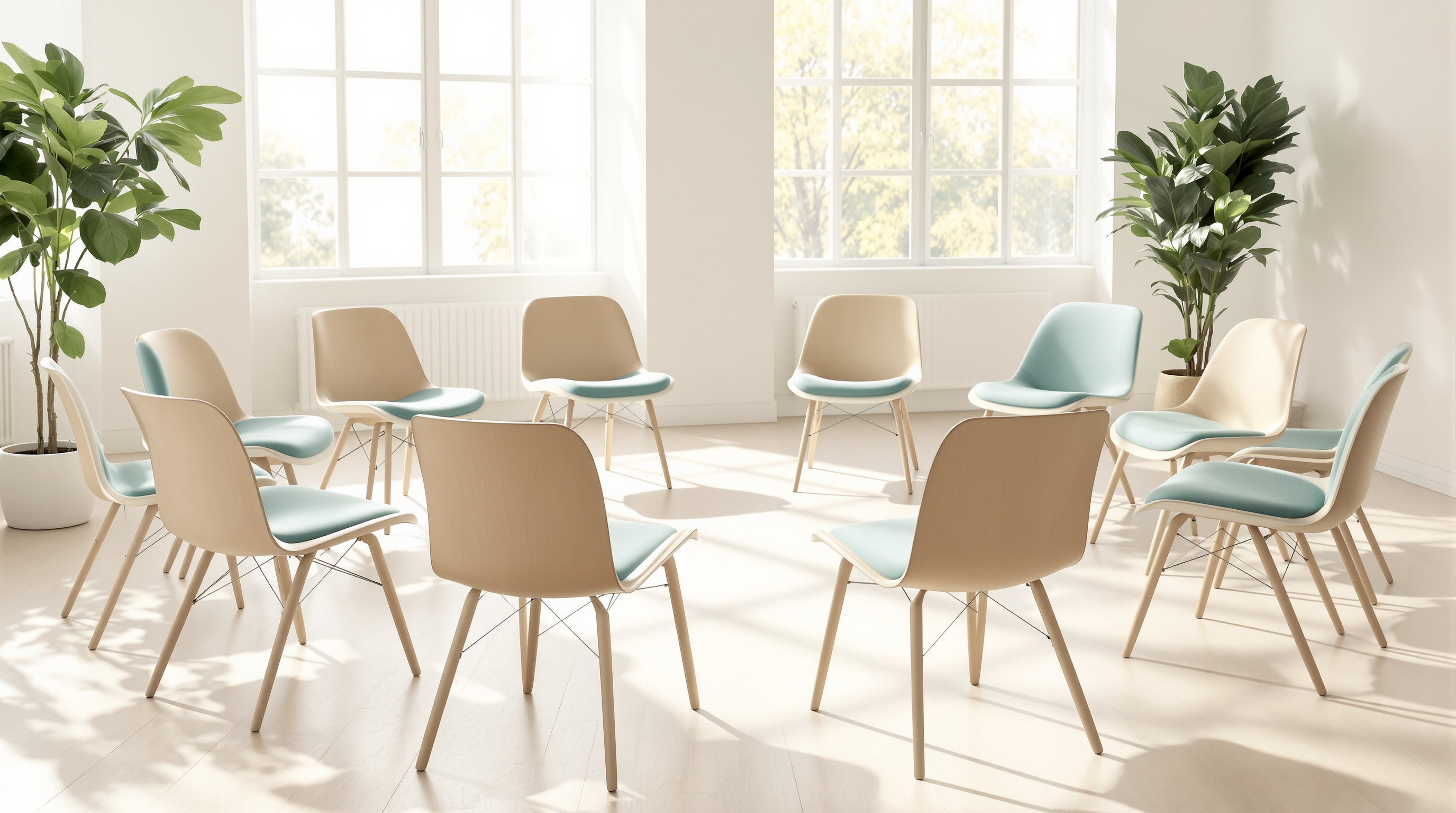 Cercle de chaises évoquant un groupe de soutien et d'entraide